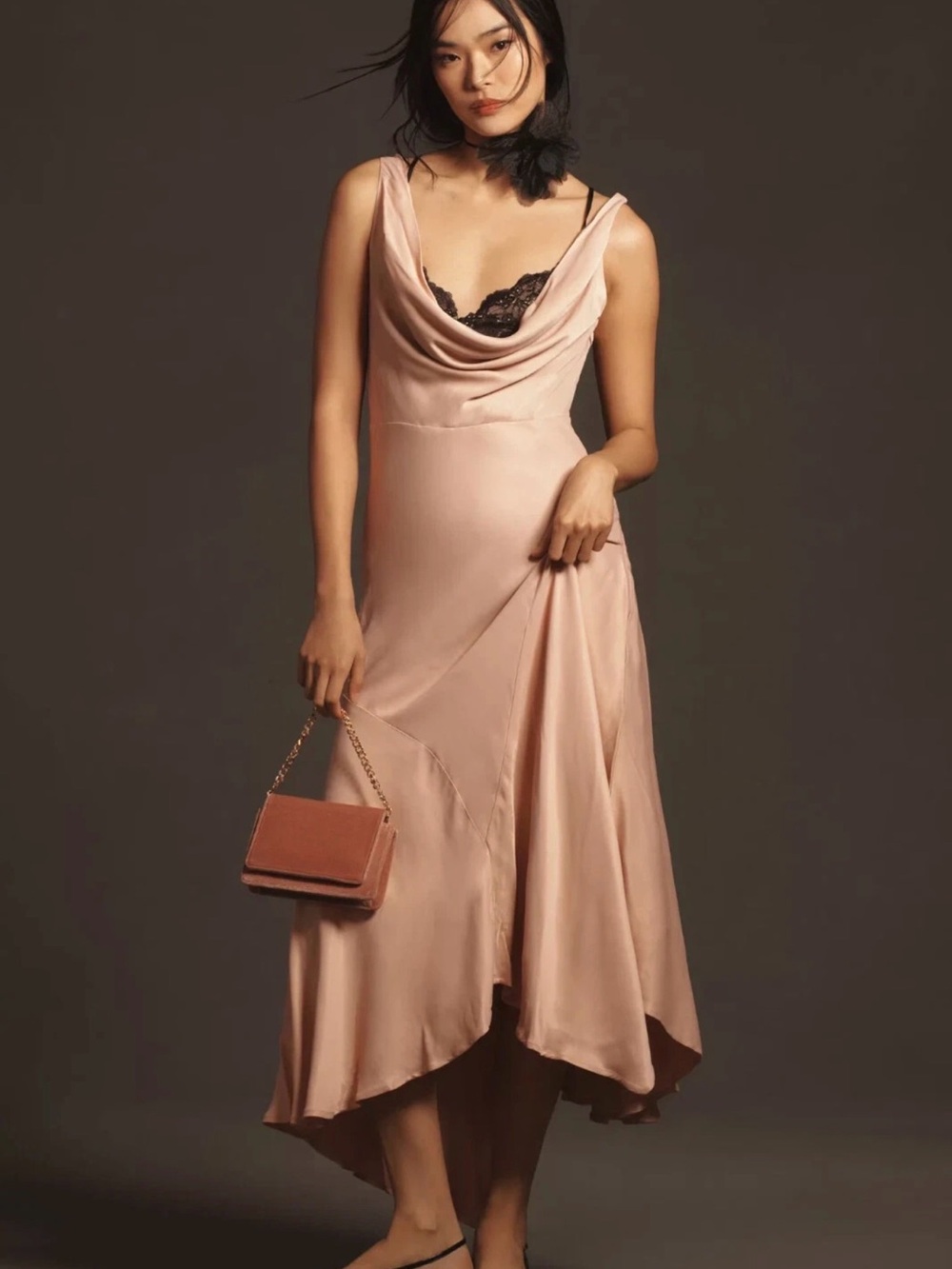 Anthropologie Blush Pink Asymmetrical Satin Slip Dress